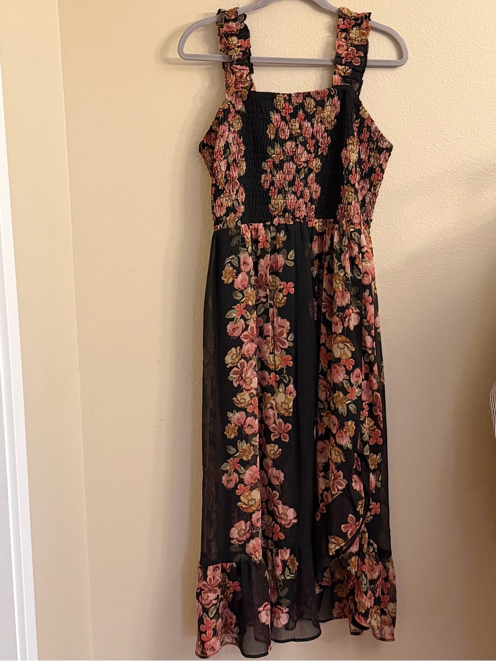 Maurices Black Maxi Dress with Pink and Yellow Floral Print